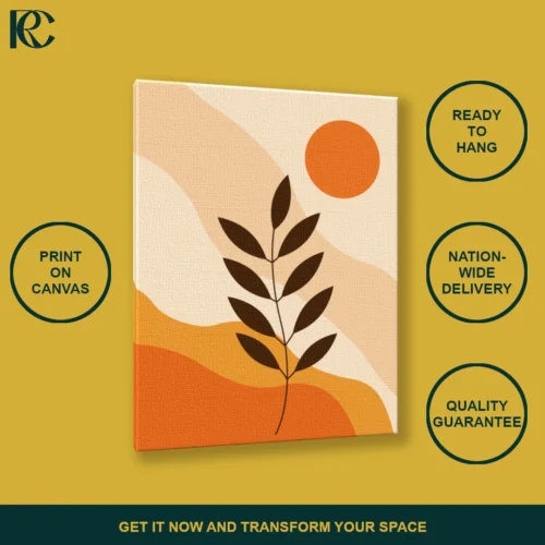 3_TILT_ANGLE_MOCKUP Brown Leaves and Sun with Curves in Orange Tones Boho Wall Art