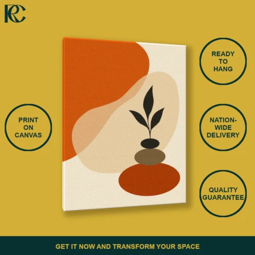 Growing Small Plant on Stacked Stones in Orange Boho Wall Art