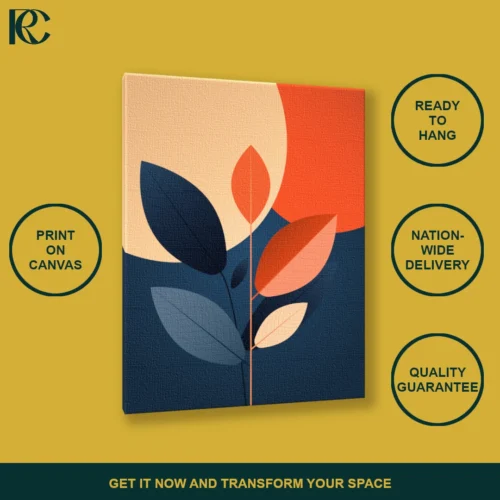 Modern Abstract Leaf Branch with Geometric Circles on Navy Blue Wall Art