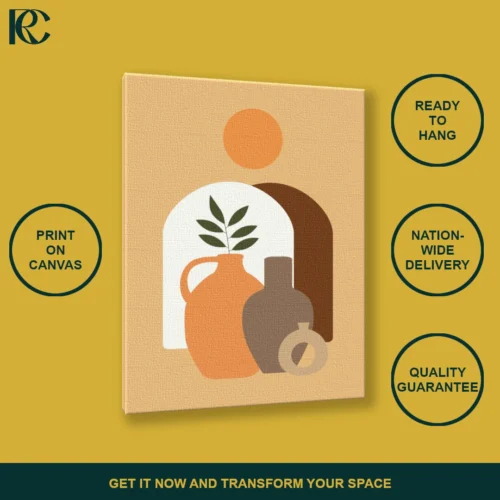 Clay Pots Illustration with Sun on Earthy Background Boho Wall Art