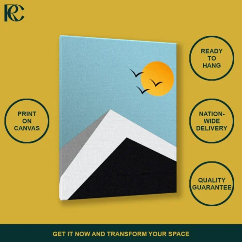 3_TILT_ANGLE_MOCKUP Geometric Mountain with Sun and Birds on Blue Minimalist Wall Art