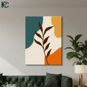 Boho Stylized Leaves Illustration featuring a dark brown branch against abstract wavy shapes in teal, beige, mustard, and burnt orange with stitched dashed lines.