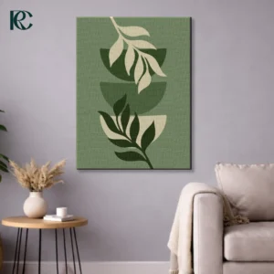 Vertical wall art print featuring Boho Green Plant Leaves with Geometric Bowls stacked in sage and dark green colors on a muted green background.