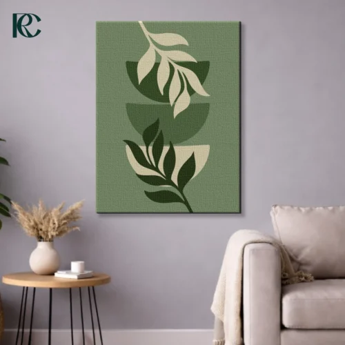 Vertical wall art print featuring Boho Green Plant Leaves with Geometric Bowls stacked in sage and dark green colors on a muted green background.