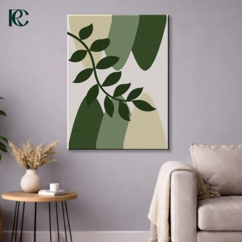 Simple Boho Green Leaf Branch With Geometric Blocks Wall Art Vertical wall art print featuring a dark Boho Green Leaf Branch With Geometric Blocks in sage and beige colors on a light grey background.