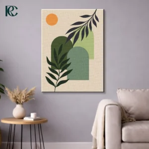 Vertical wall art print featuring dark Boho Green Leaves with Arches in sage and olive tones under a bright orange sun on a beige background.