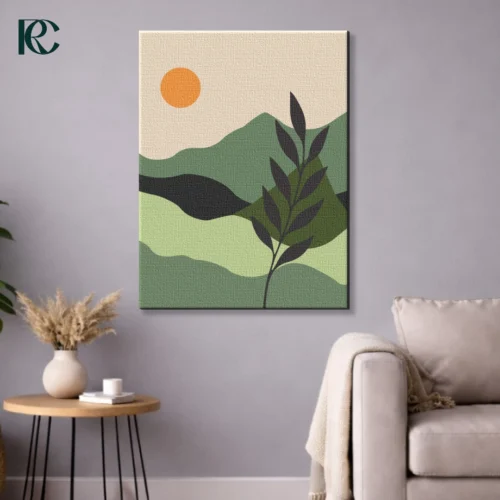 Vertical wall art print featuring a Boho Green Nature Landscape with Plant branch in the foreground against rolling sage hills and an orange sun.