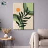 Vertical wall art print featuring a Modern Boho Plant with Shapes including green concentric circles and a bright orange sun on a beige background.
