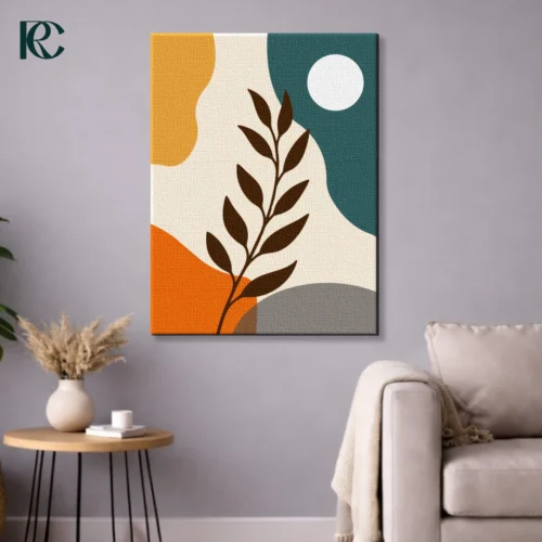 Stylized Plant with Curves on Earth Tones Boho Wall Art Boho Stylized Plant with Curves wall art featuring a dark brown branch silhouette against abstract mustard, teal, and orange wavy shapes with a white moon.