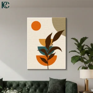 Boho Brown Plant Stem with Sun wall art featuring a dark silhouette branch over stacked teal, mustard, and orange semi-circles on a beige background.