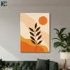 Brown Leaves and Sun with Curves in Orange Tones Boho Wall Art Boho Brown Leaves and Sun wall art featuring a dark botanical branch silhouette against wavy orange and beige abstract shapes with a bright circle.