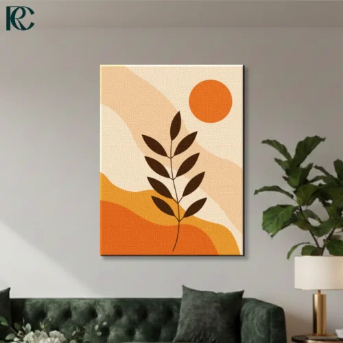 Brown Leaves and Sun with Curves in Orange Tones Boho Wall Art Boho Brown Leaves and Sun wall art featuring a dark botanical branch silhouette against wavy orange and beige abstract shapes with a bright circle.