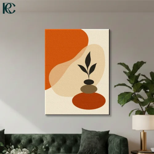 Boho Small Plant on Stacked Stones wall art featuring a dark seedling silhouette growing from balanced brown and orange rocks against an abstract background.