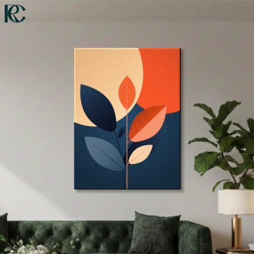 Modern Abstract Leaf Branch wall art featuring stylized rust-orange and navy blue leaves against a deep blue background with geometric peach and orange sun circles.