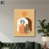 Boho Clay Pots Illustration with Sun wall art featuring three abstract orange and brown vases with a green branch against a beige arch and sun.