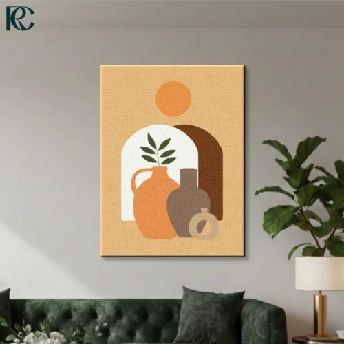 Boho Clay Pots Illustration with Sun wall art featuring three abstract orange and brown vases with a green branch against a beige arch and sun.