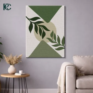 Framed wall art featuring Modern Boho Olive Green Leaves with dark geometric triangles and a beige circle on a light neutral background.