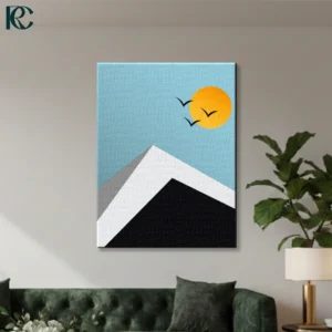 Minimalist Mountain with Sun and Birds wall art featuring a geometric white peak and black shadow against a blue gradient sky with flying silhouettes.