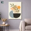Boho Leaves on Stacked Shapes wall art featuring a green botanical branch over blue, orange, and black geometric semicircles on a beige background.