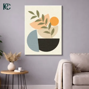 Boho Leaves on Stacked Shapes wall art featuring a green botanical branch over blue, orange, and black geometric semicircles on a beige background.