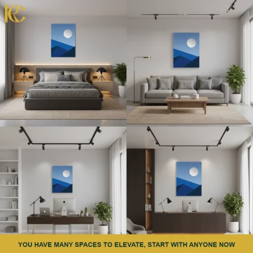 White Moon over Blue Mountains Minimalist Blue Wall Art