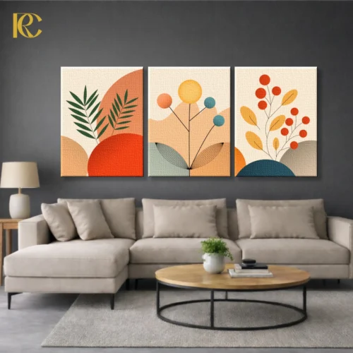 Three piece boho wall art set featuring Colourful Plants Leaves Illustrations with geometric shapes, orange circles, and green branches on a beige background.