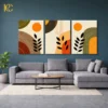 Leaves and Sun with Geometric Arches 3 Piece Boho Wall Art Set Three piece boho wall art set featuring black Leaves and Sun with Geometric Arches in rust, green, and yellow colors on a beige background.