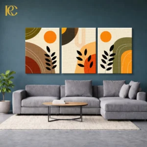 Three piece boho wall art set featuring black Leaves and Sun with Geometric Arches in rust, green, and yellow colors on a beige background.