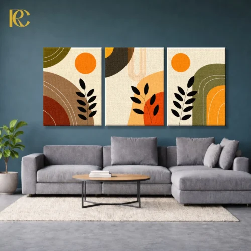 Leaves and Sun with Geometric Arches 3 Piece Boho Wall Art Set Three piece boho wall art set featuring black Leaves and Sun with Geometric Arches in rust, green, and yellow colors on a beige background.