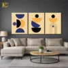 Three panel Modern Minimalist Stacked Shapes wall art set featuring navy blue, black, and mustard yellow geometric forms like circles and arches on a textured beige background.