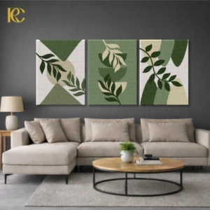 Set of 3 framed wall art prints featuring Boho Green Leaves and Geometric Shapes in sage and olive tones on a beige background.