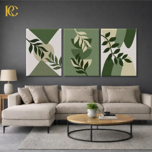 Set of 3 framed wall art prints featuring Boho Green Leaves and Geometric Shapes in sage and olive tones on a beige background.