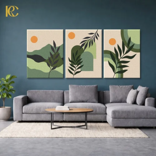 Set of 3 framed wall art prints featuring Boho Green Leaves With Sun and Hills and geometric arches in sage green and orange on a beige background.