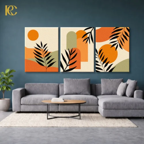 Three piece boho wall art featuring black Modern Calm Plant Leaves with orange sun and green arches on a beige background.