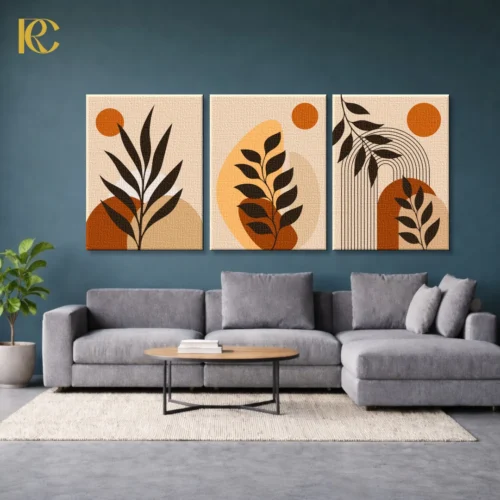 3-piece boho wall art set featuring Aesthetic Leaves with Sun and Arches with black botanical silhouettes, rust orange circles, and geometric shapes on a textured beige background.