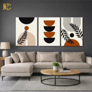 3-piece boho wall art set featuring Modern Simple Geometric Shapes with Plants including black and rust semicircles, striped arches, and botanical leaves on a beige background.