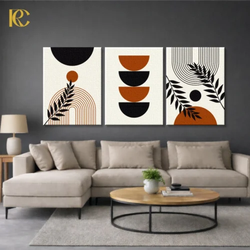 3-piece boho wall art set featuring Modern Simple Geometric Shapes with Plants including black and rust semicircles, striped arches, and botanical leaves on a beige background.
