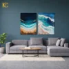 Two piece framed wall art set featuring Abstract Beach Waves with deep blue ocean water, turquoise currents, white foam textures, and golden sand details.