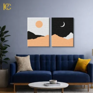 Two piece Minimalist Day and Night Landscape wall art set showing a bright orange sun on white and a white crescent moon on black over abstract hills.