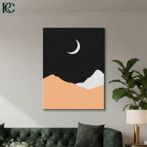 Minimalist Night Sky wall art featuring a white crescent moon against a black background above peach and grey sand dunes.