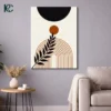 Vertical boho art print displaying Stylish Plant Leaves with Sun and Arches featuring a black branch, rust orange rainbow lines, and geometric shapes on beige.