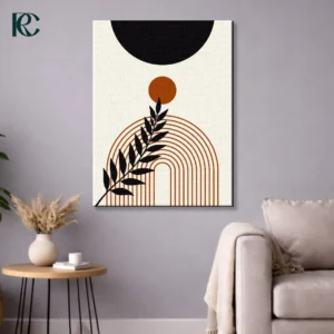 Vertical boho art print displaying Stylish Plant Leaves with Sun and Arches featuring a black branch, rust orange rainbow lines, and geometric shapes on beige.