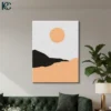 Minimalist Scenery Wall Art featuring a bright peach sun circle rising over a bold black abstract mountain and soft peach hills on a light grey background.