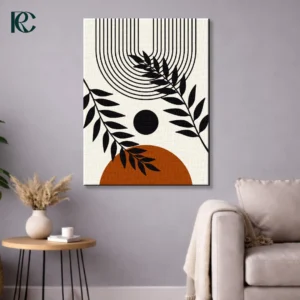 Vertical boho art print featuring Calm Plant Leaves with Arches and Sun with black branches, an inverted striped arch, and a rust orange semi-circle on beige.