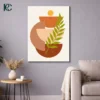 Vertical boho art print featuring Green Plant Leaves with Sun and Semi-circle Blocks with a curved green branch, a yellow circle, and stacked rust and peach geometric shapes on beige.