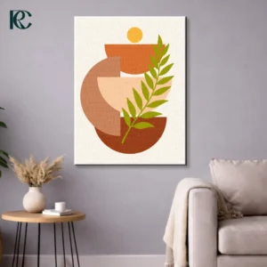 Vertical boho art print featuring Green Plant Leaves with Sun and Semi-circle Blocks with a curved green branch, a yellow circle, and stacked rust and peach geometric shapes on beige.