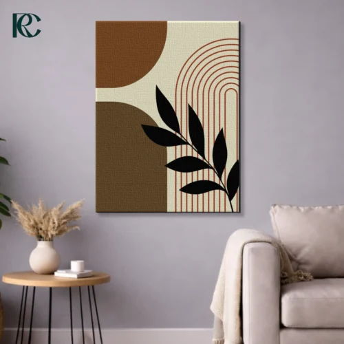 Simple Plant Leaves with Arches and Shape Blocks Boho Wall Art Vertical boho art print featuring Plant Leaves with Arches and Shape Blocks with a black diagonal branch, a rust striped arch, and brown abstract curves on beige.