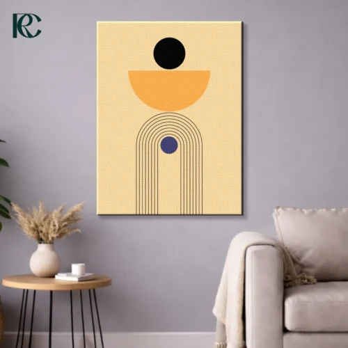 A vertical Minimalist Orange Semicircle art print featuring a black circle on top and navy blue dot inside black line arches on a beige background.