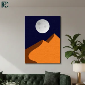 Minimalist Desert Night wall art showing a large grey full moon rising over sharp orange sand dunes against a dark blue sky.