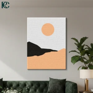 Minimalist Scenery Wall Art featuring a bright peach sun circle rising over a bold black abstract mountain and soft peach hills on a light grey background.